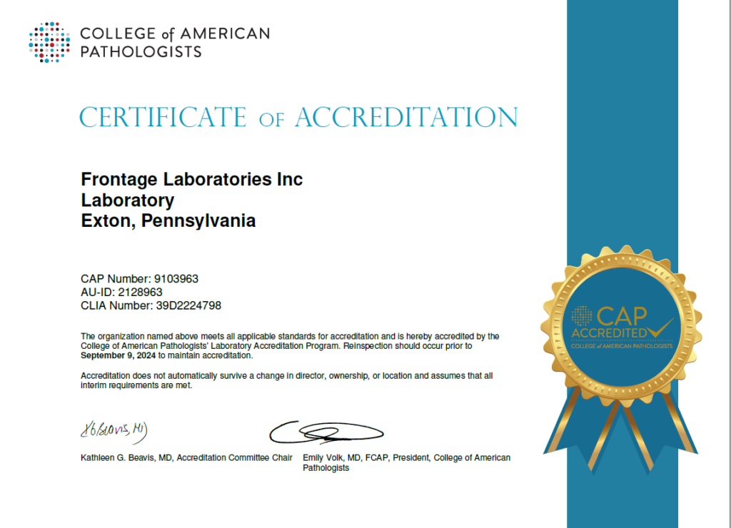 Frontage Central Labs CAP Accreditation Certificate